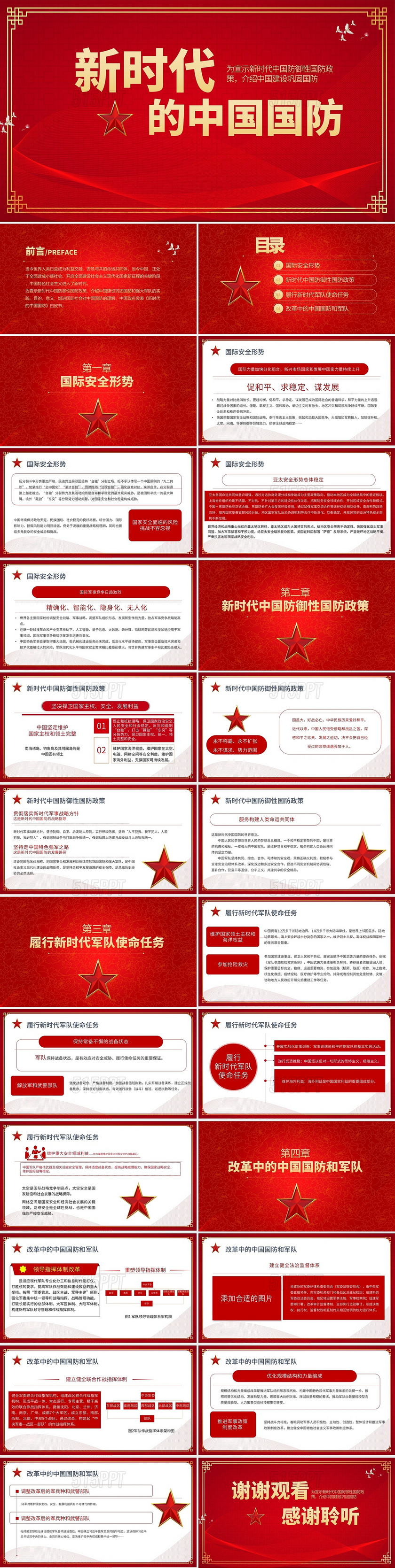 红色简约新时代的中国国防PPT模板