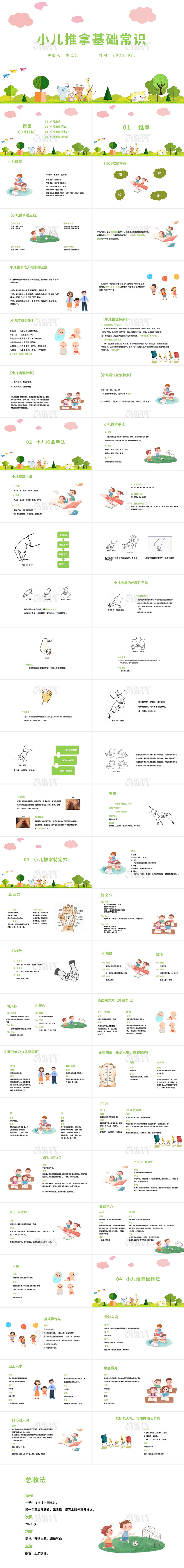 白绿色卡通简约商务风小儿推拿基础常识介绍及培训PPT模板