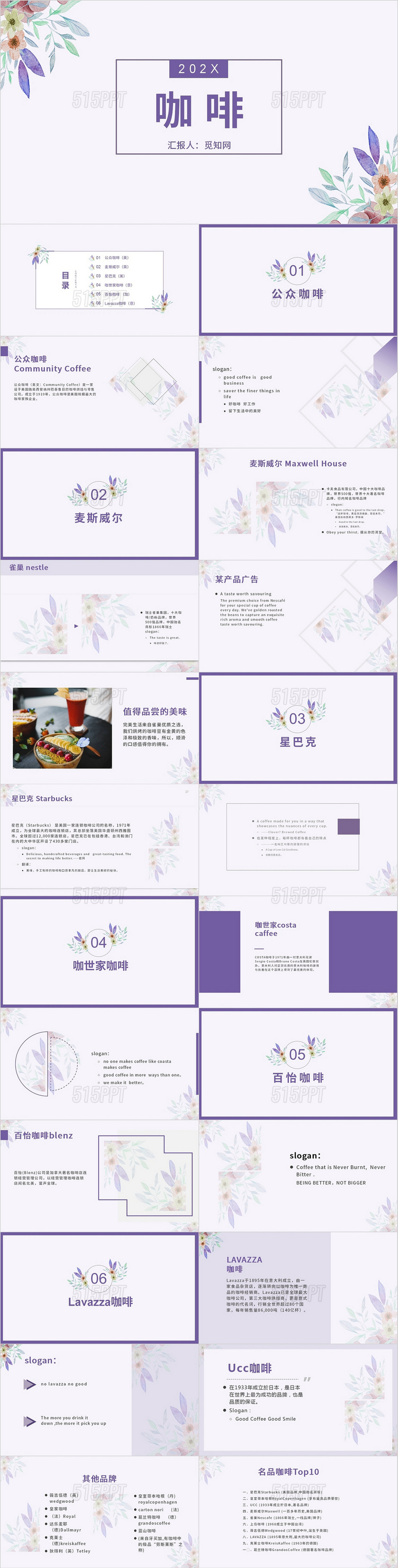 紫色清新简洁咖啡商务PPT模板简约
