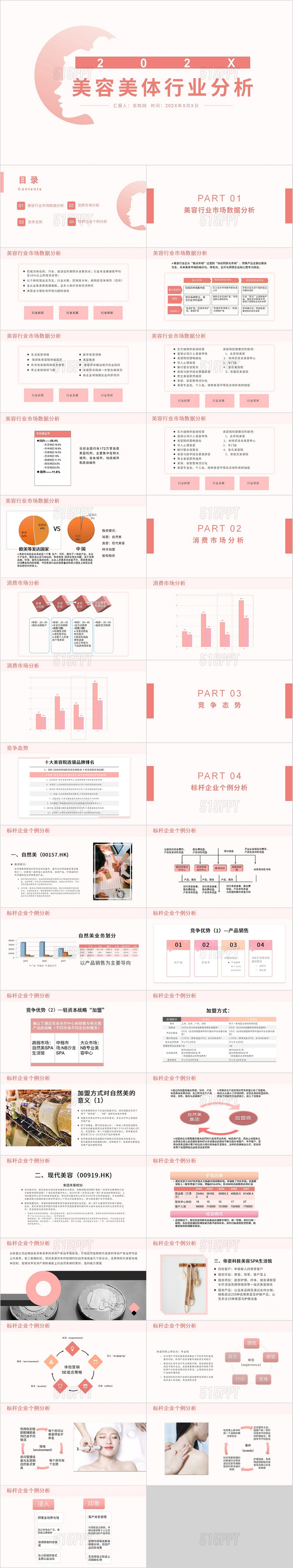 粉色红色简约美容美体行业分析PPT模板营销策划