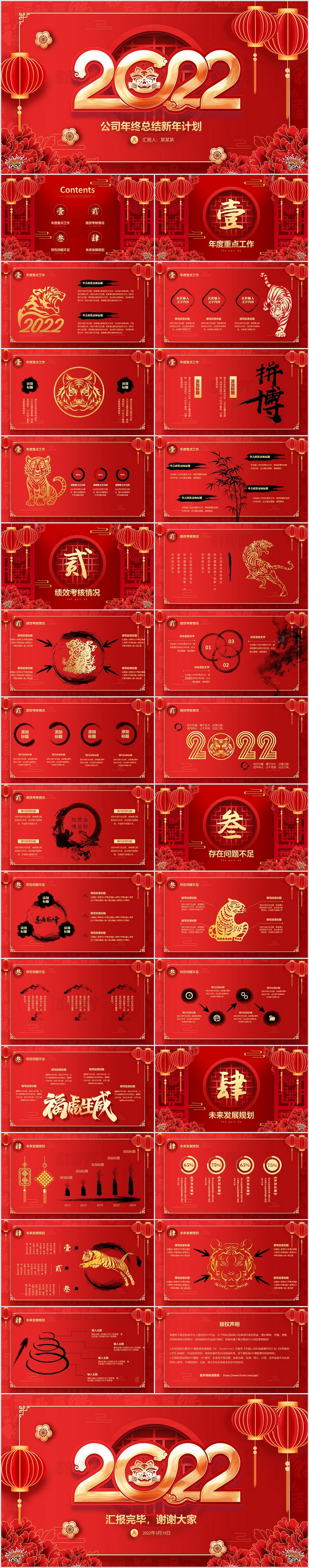 红色中国风剪纸年终工作总结2022虎年新年计划PPT