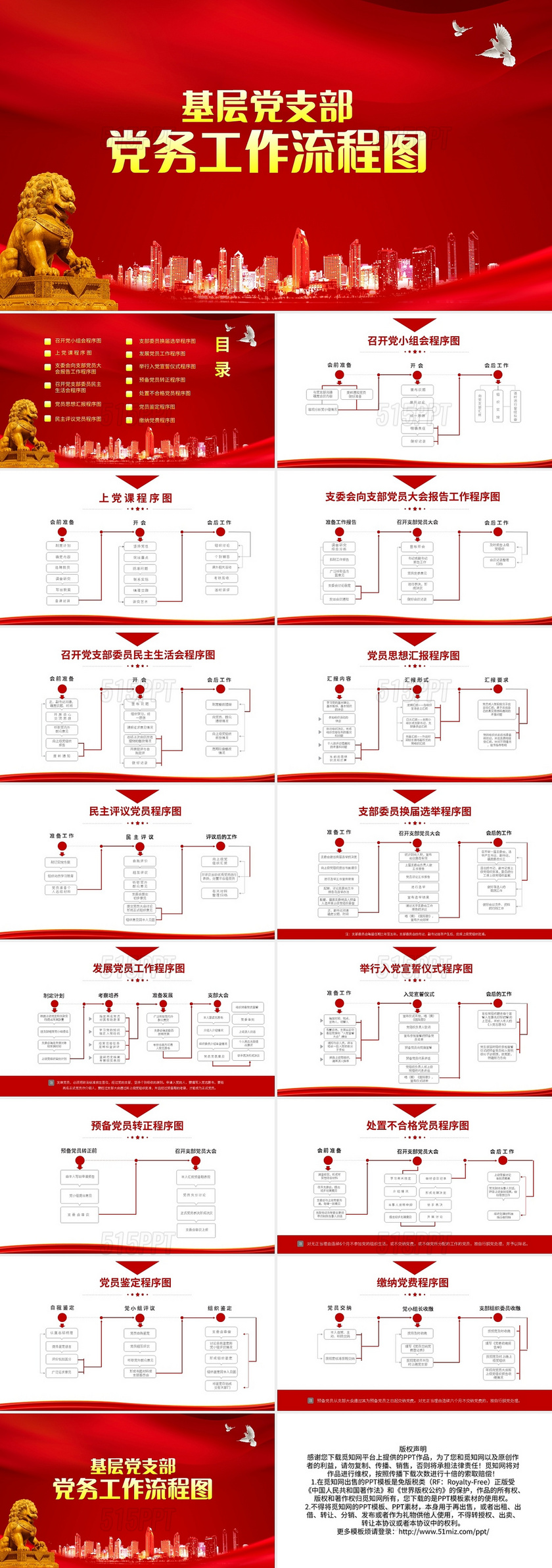 红色简约基层党支部党务工作流程图PPT模板宣传PPT动态PP