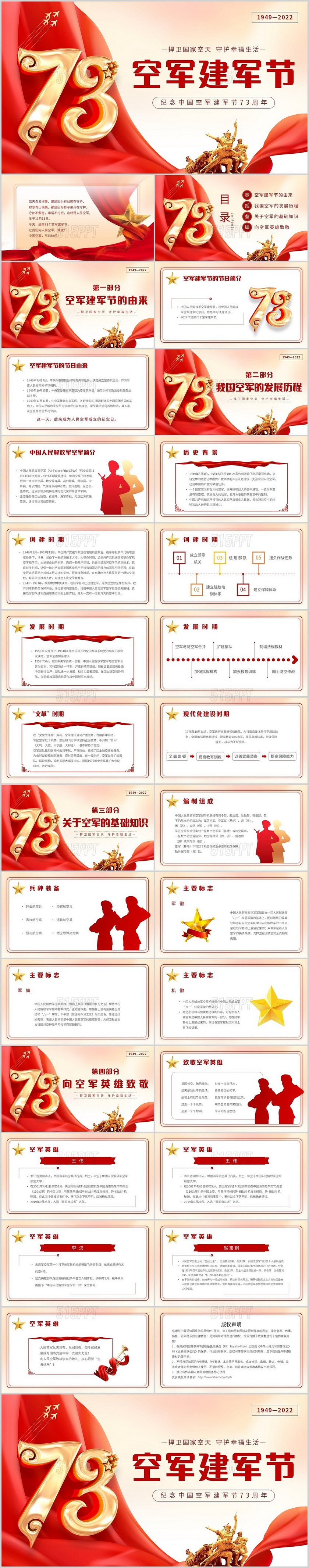 红色党政简约空军建军节纪念中国空军建军73周年主题PPT模板