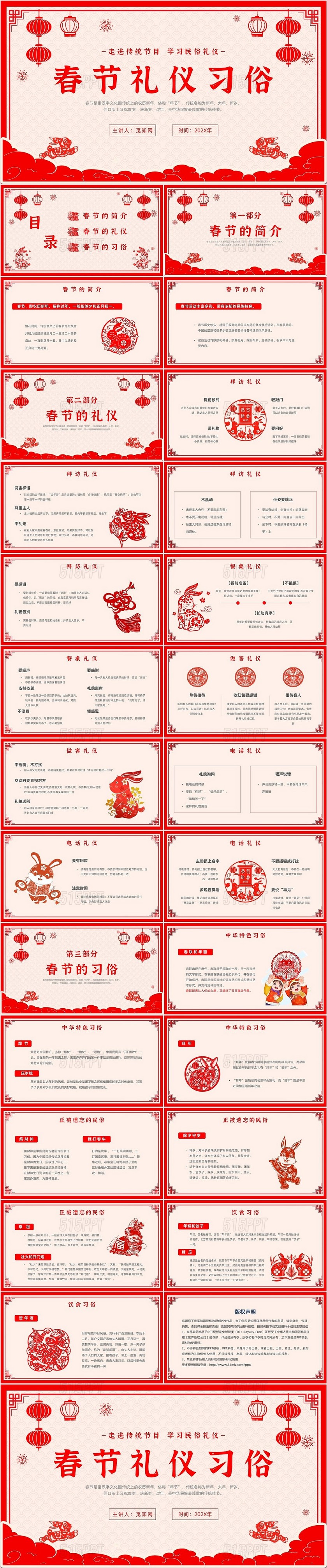 红色剪纸2023兔年春节习俗主题PPT模板