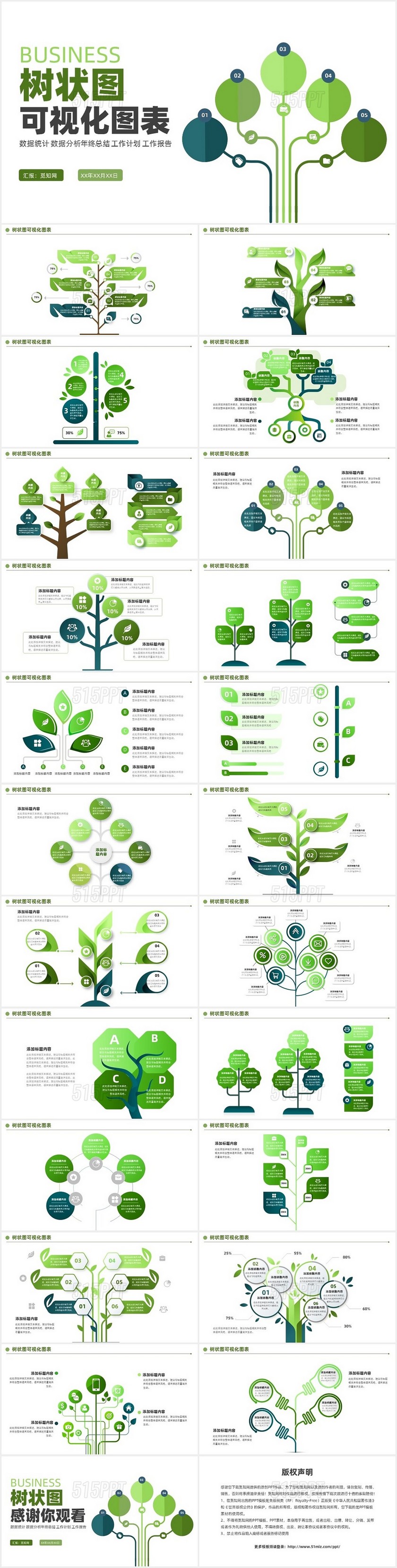 绿色商务通用树状可视分析图表PPT模板