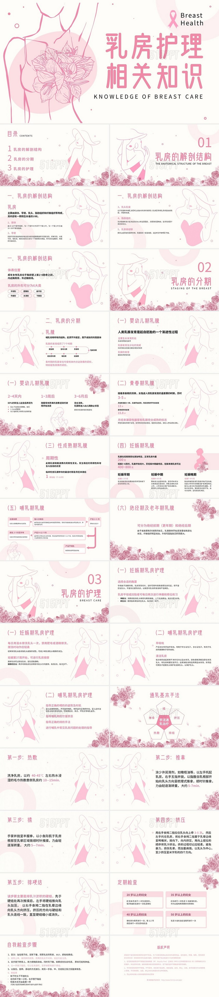 粉色插画简约商务2023乳房护理乳腺护理培训PPT模板