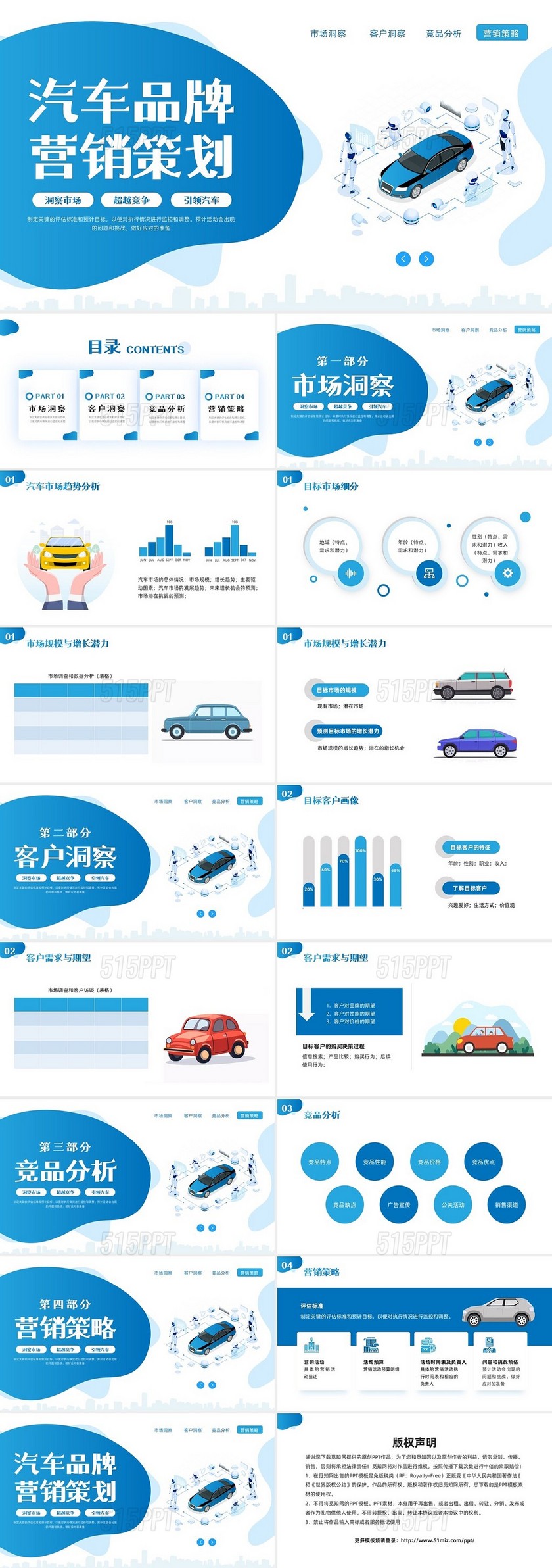 蓝色插画汽车营销策划方案PPT模板宣传PPT动态PPT
