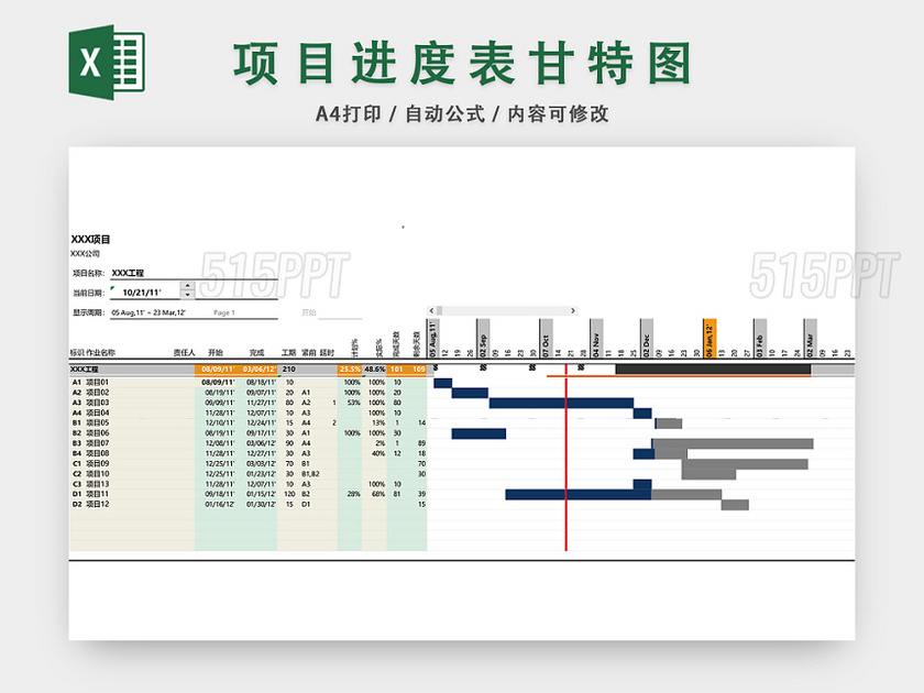 项目进度表甘特图EXCEL模板