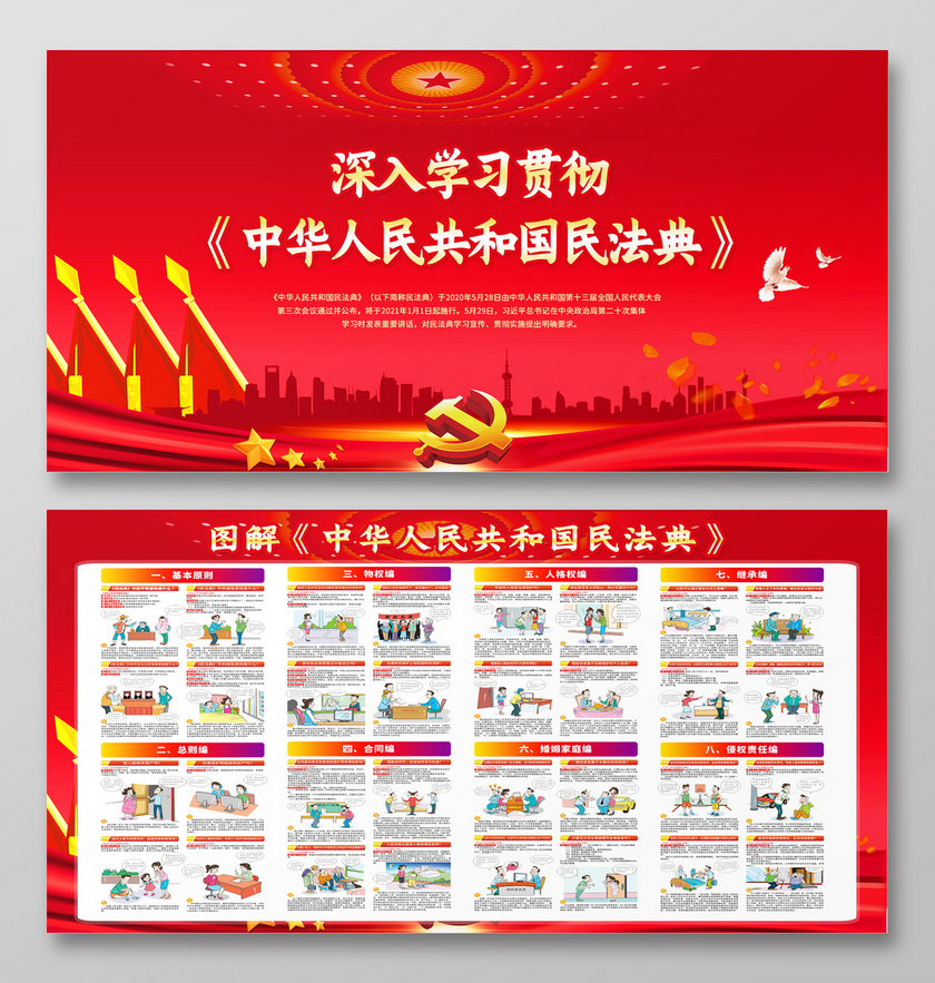 红色党建风深入学习贯彻中华人民共和国民法典宣传展板