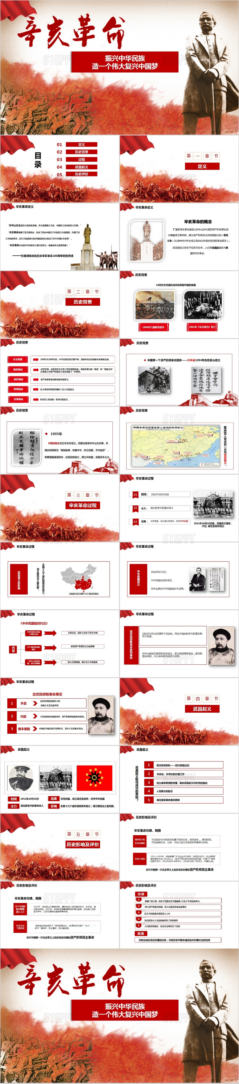 红色框架完整辛亥革命PPT模板