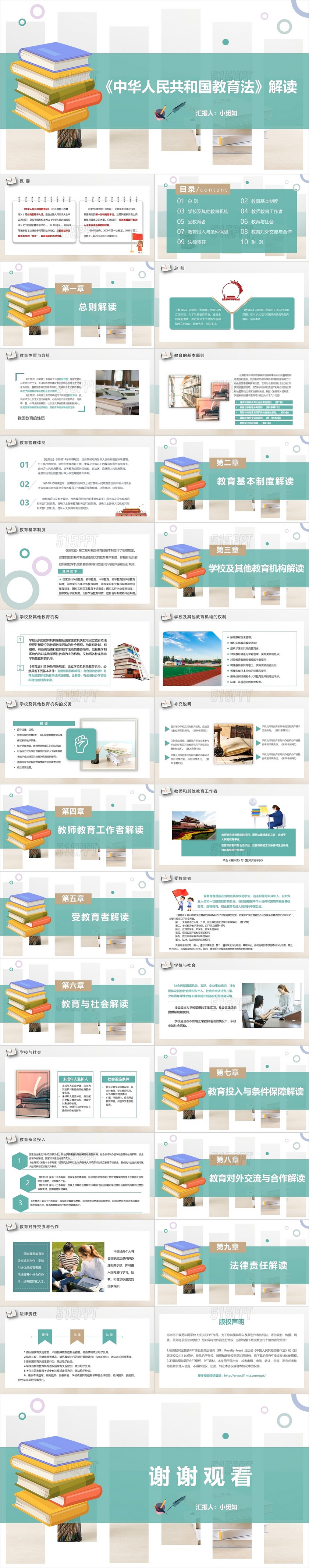 绿色清新简约中华人民共和国教育法解读动态PPT模板