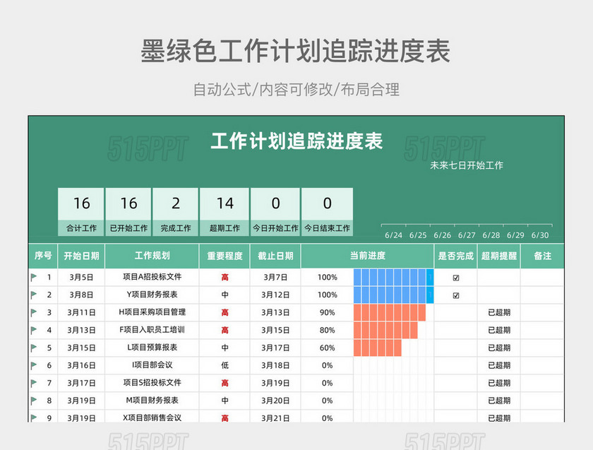 墨绿色工作计划追踪进度表