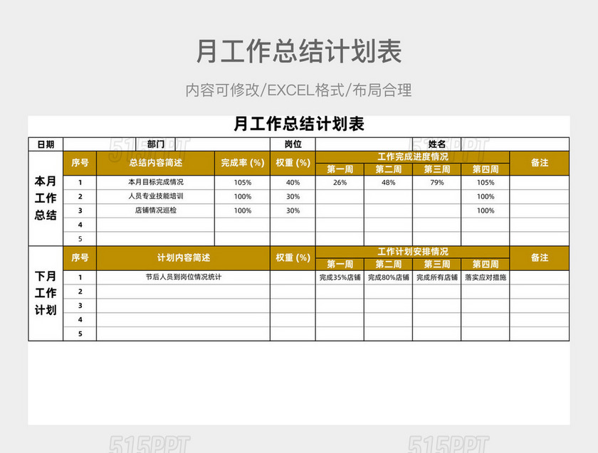 金色简约月工作总结计划表