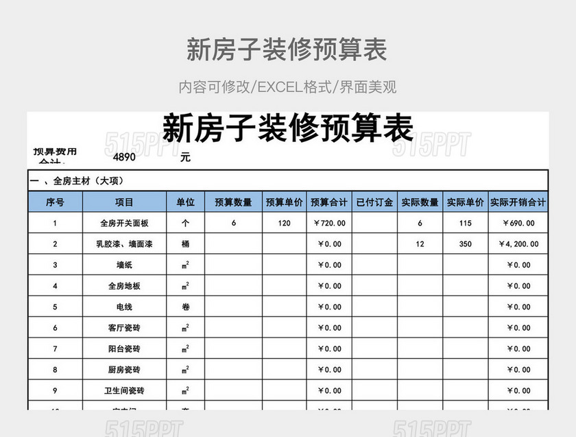 新房子装修预算表