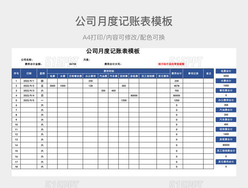 公司月度记账表模板