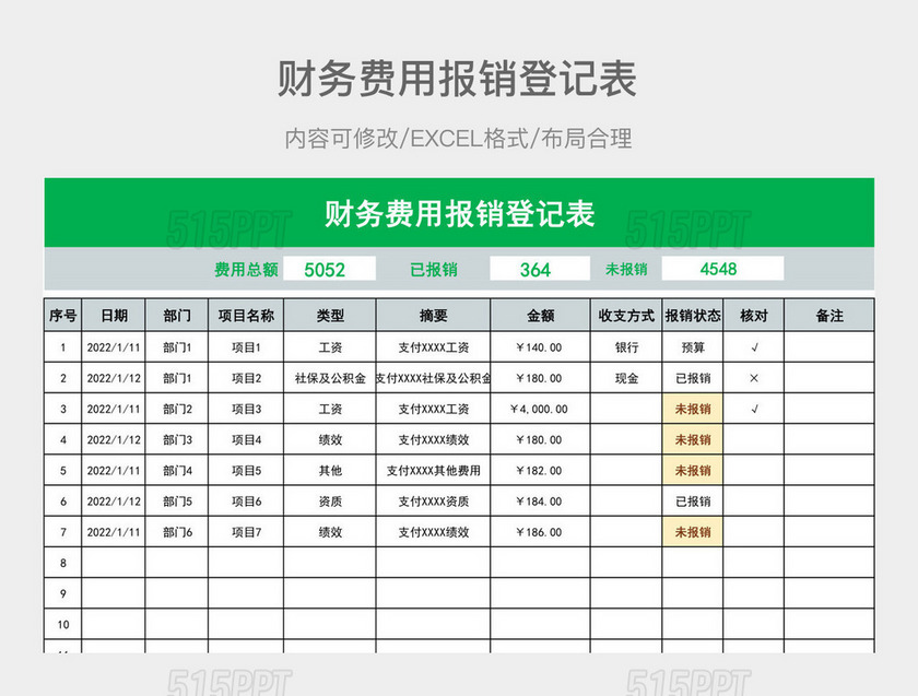 财务费用报销登记表