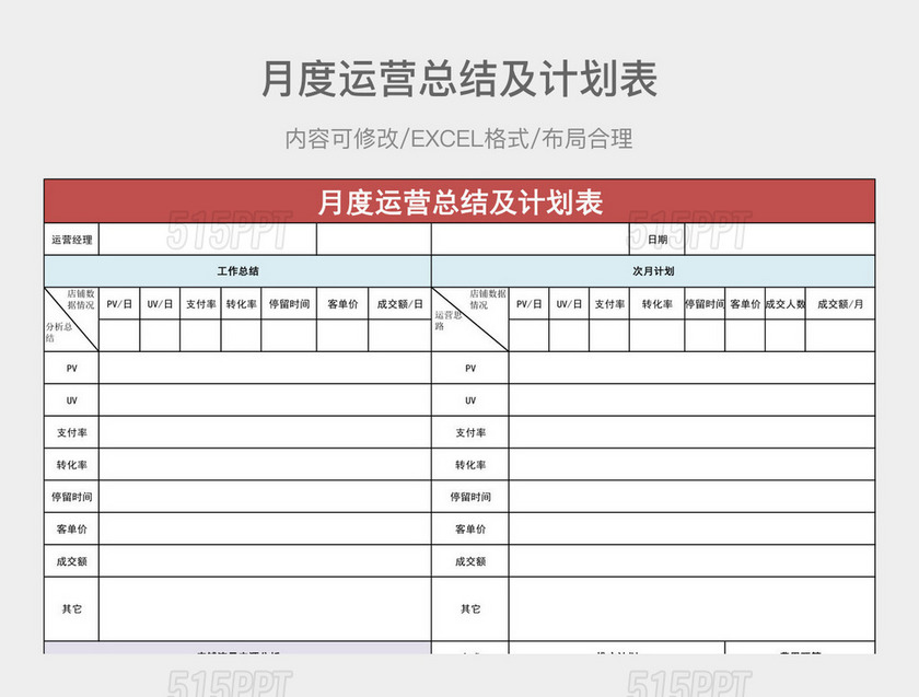 月度运营总结及计划表