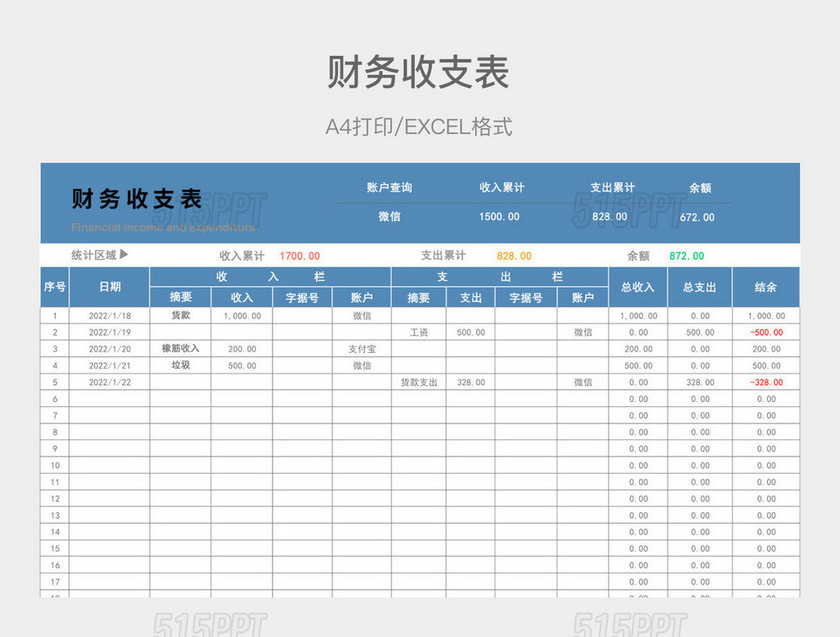 蓝色简约财务收支表