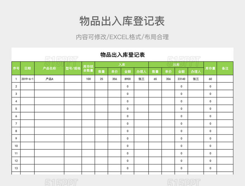 物品出入库登记表