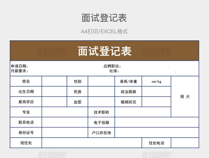 褐色简约面试登记表