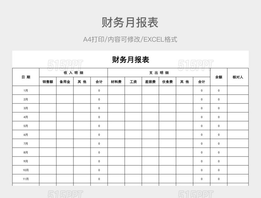 简单通用财务月报表