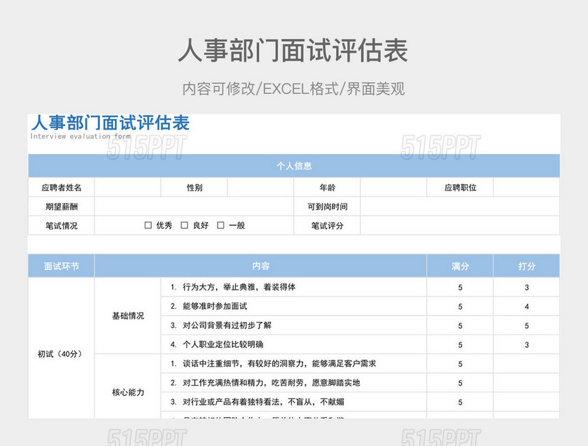 人事部门面试评估表