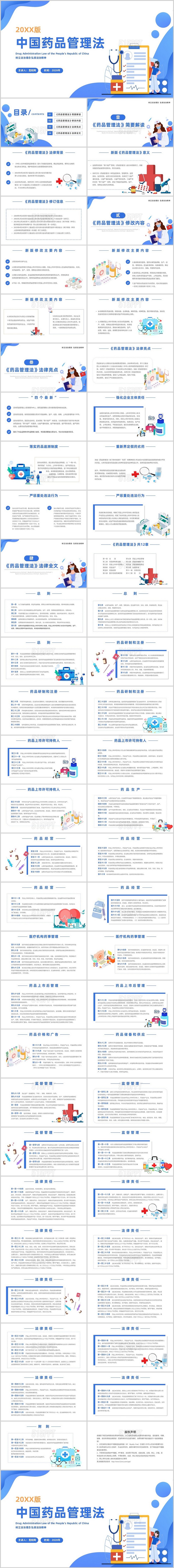 蓝色简约卡通插画中国药品管理法主题PPT模板