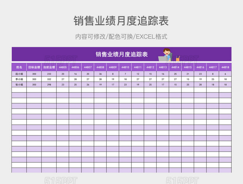 紫色简约销售业绩月度追踪表
