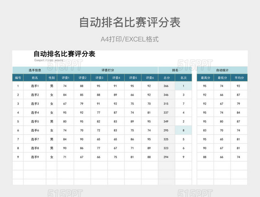 蓝色简约自动排名比赛评分表