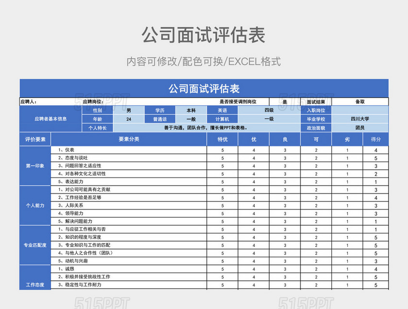 蓝色商务公司面试评估表