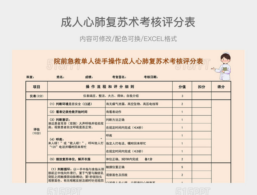 棕色系成人心肺复苏术考核评分表