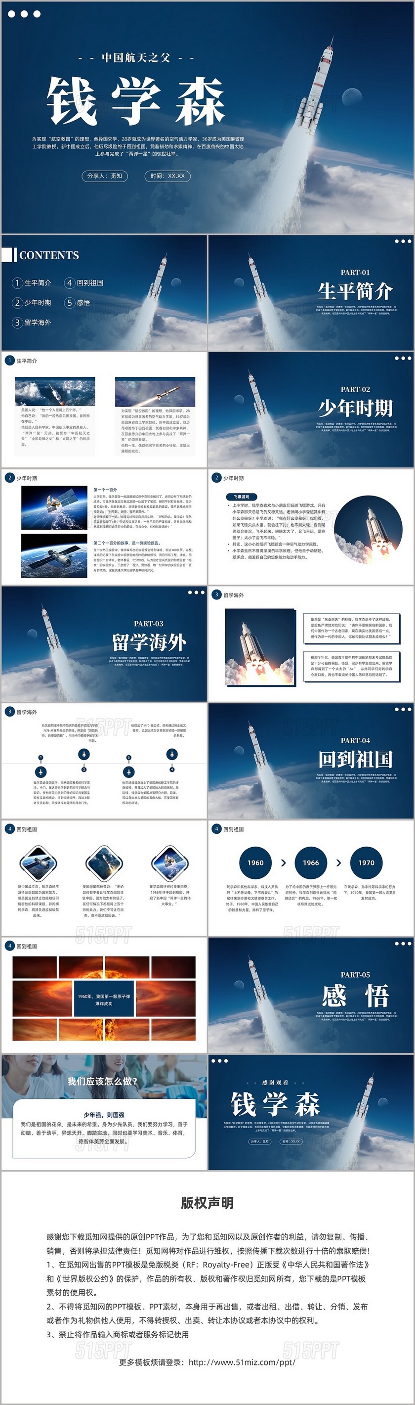 蓝色简约认识钱学森PPT课件