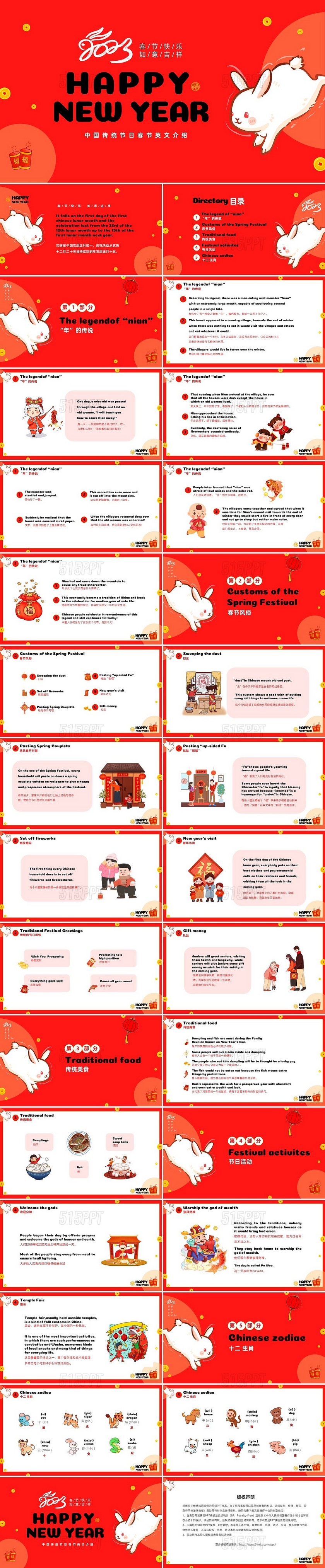 红色喜庆温馨卡通儿童中国传统节日春节英文介绍课件PPT