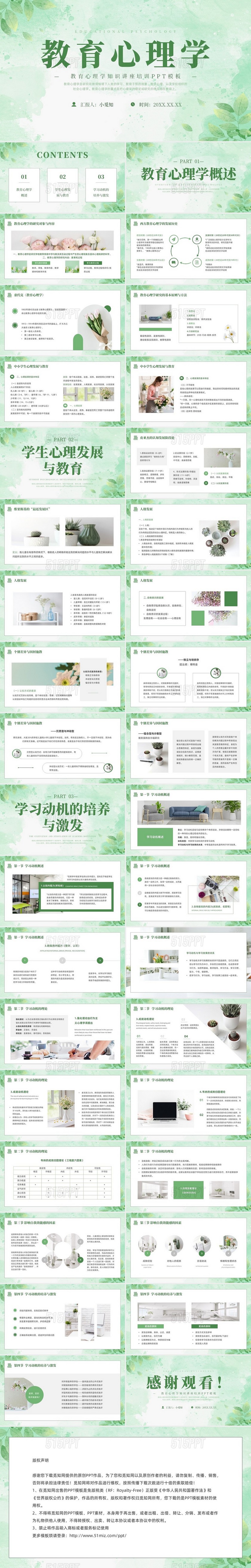 绿色水彩清新花卉教育心理学PPT模板