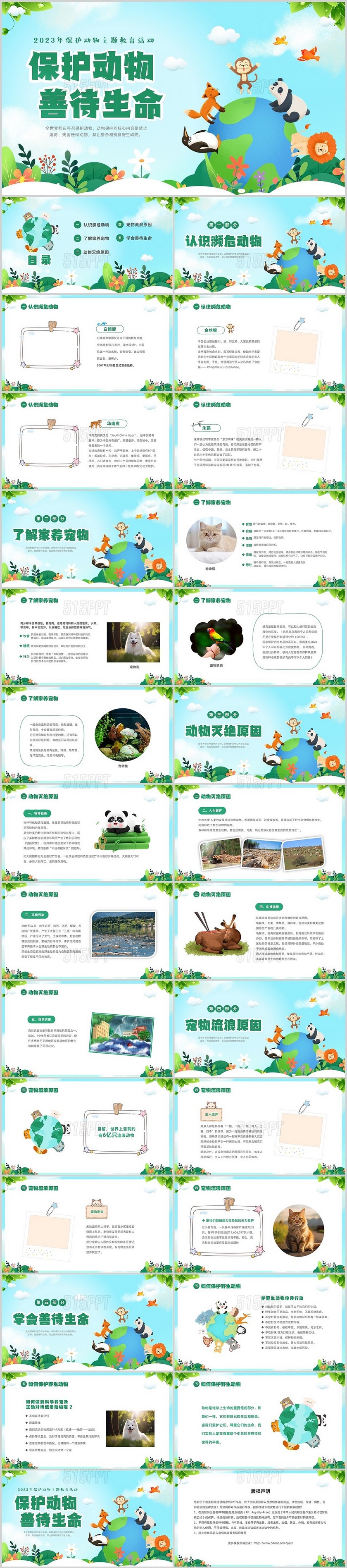 绿色卡通儿童保护动物善待生命保护动物主题班会PPT世界动物日