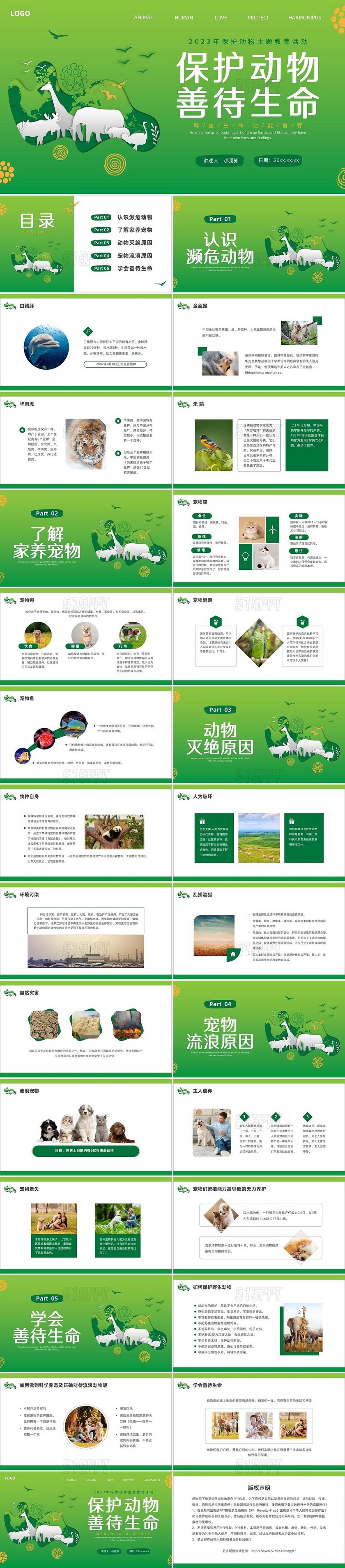 绿色剪纸保护动物宣传讲座PPT世界动物日