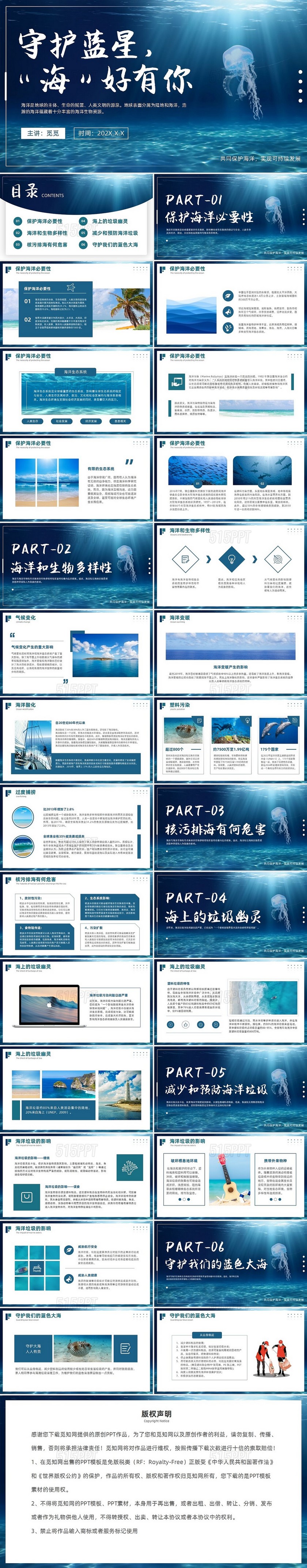 蓝色大海海洋环境保护主题课件环保PPT
