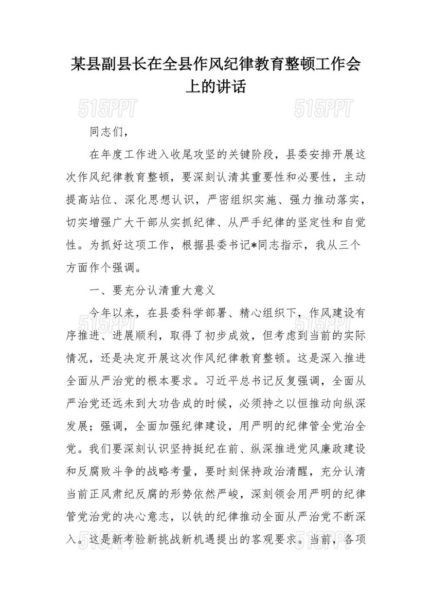 某县副县长在全县作风纪律教育整顿工作会上的讲话.docx