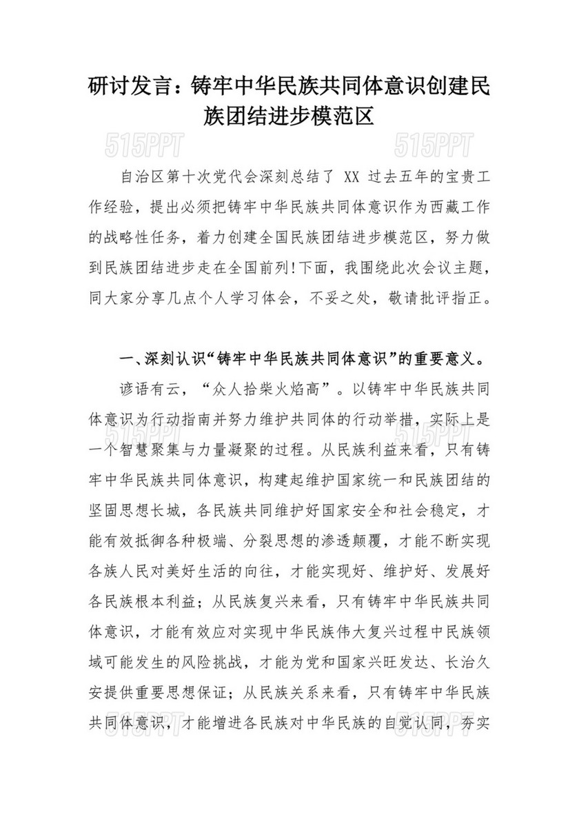 研讨发言：铸牢中华民族共同体意识创建民族团结进步模范区.docx