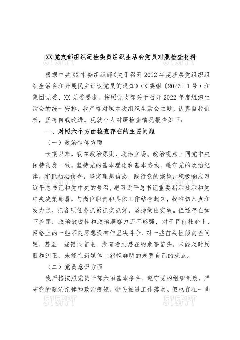 XX党支部组织纪检委员组织生活会党员对照检查材料.docx