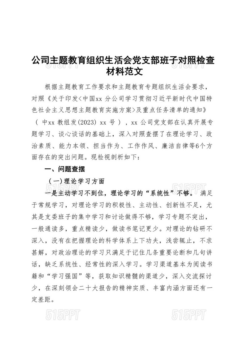 公司主题教育组织生活会支部班子对照检查材料（企业，检视剖析，六个方面剖析发言提纲）.docx