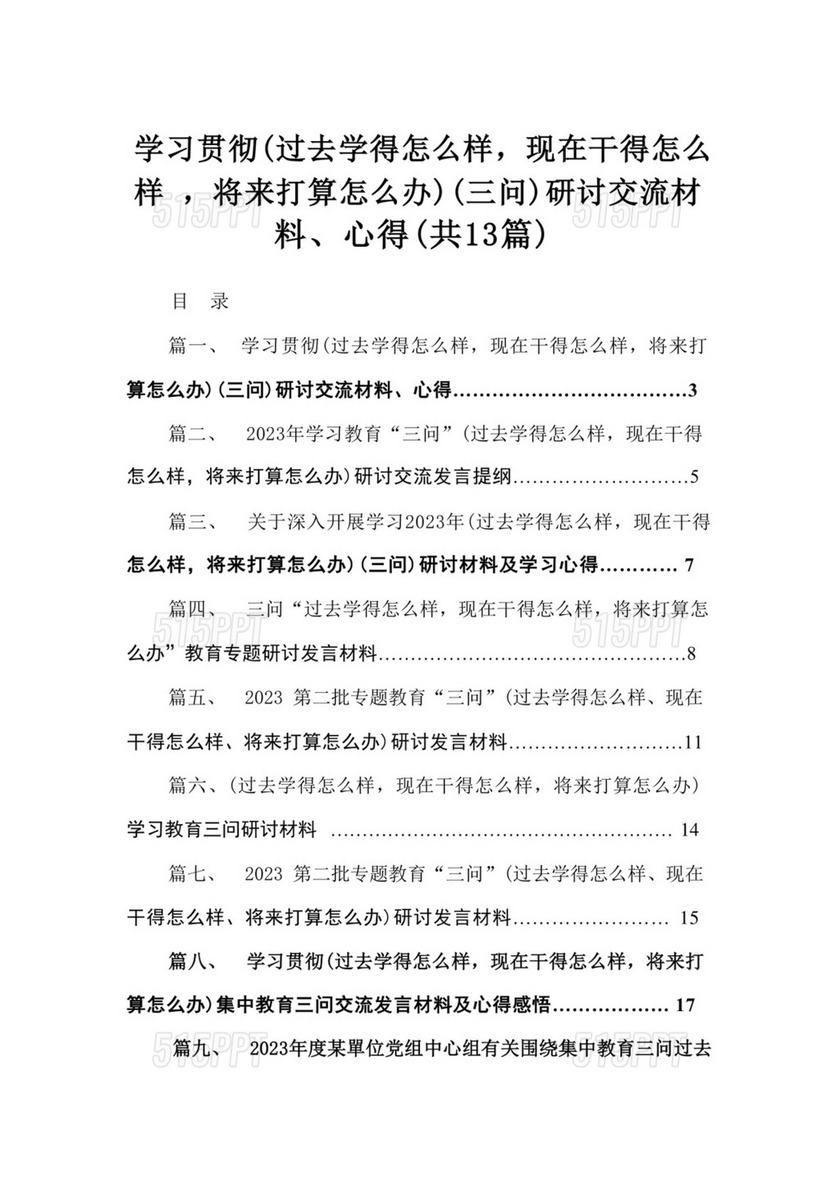 学习贯彻（过去学得怎么样，现在干得怎么样，将来打算怎么办）（三问）研讨交流材料、心得（共13篇）.docx