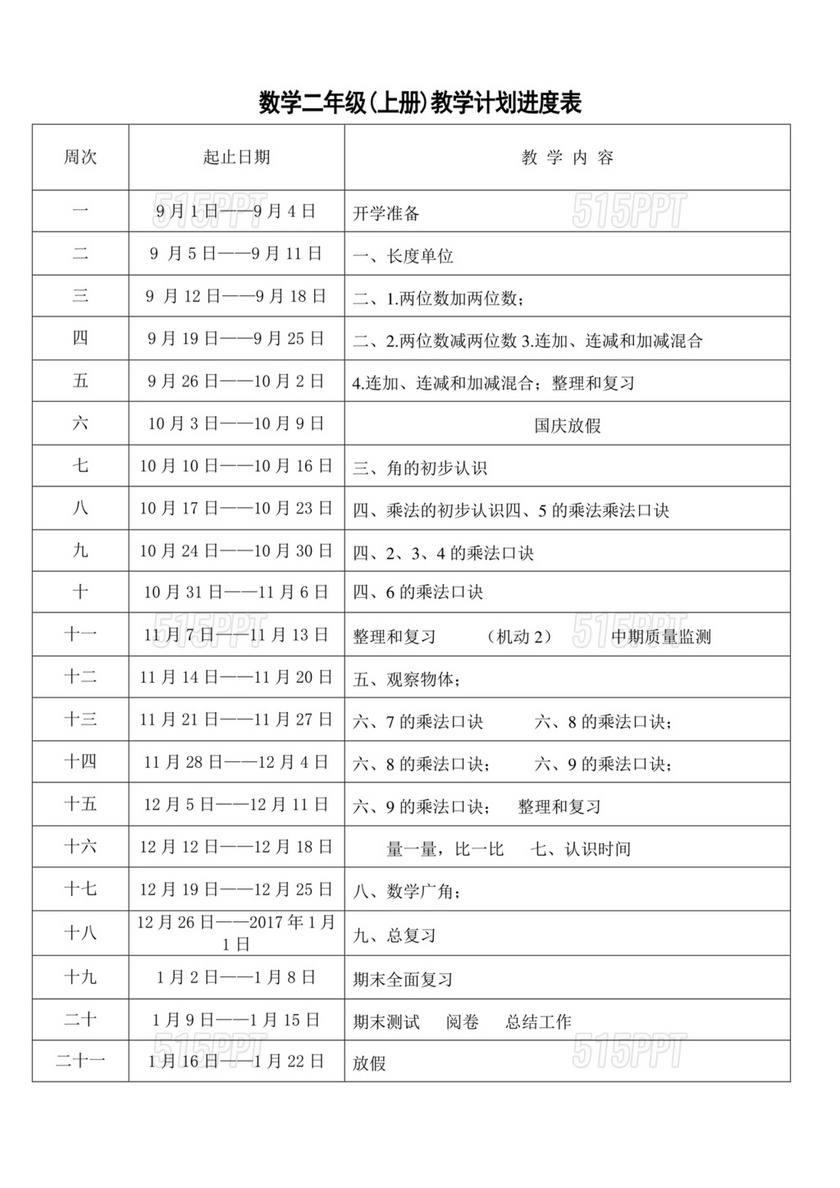 人教版二年级上册数学教学计划及进度表