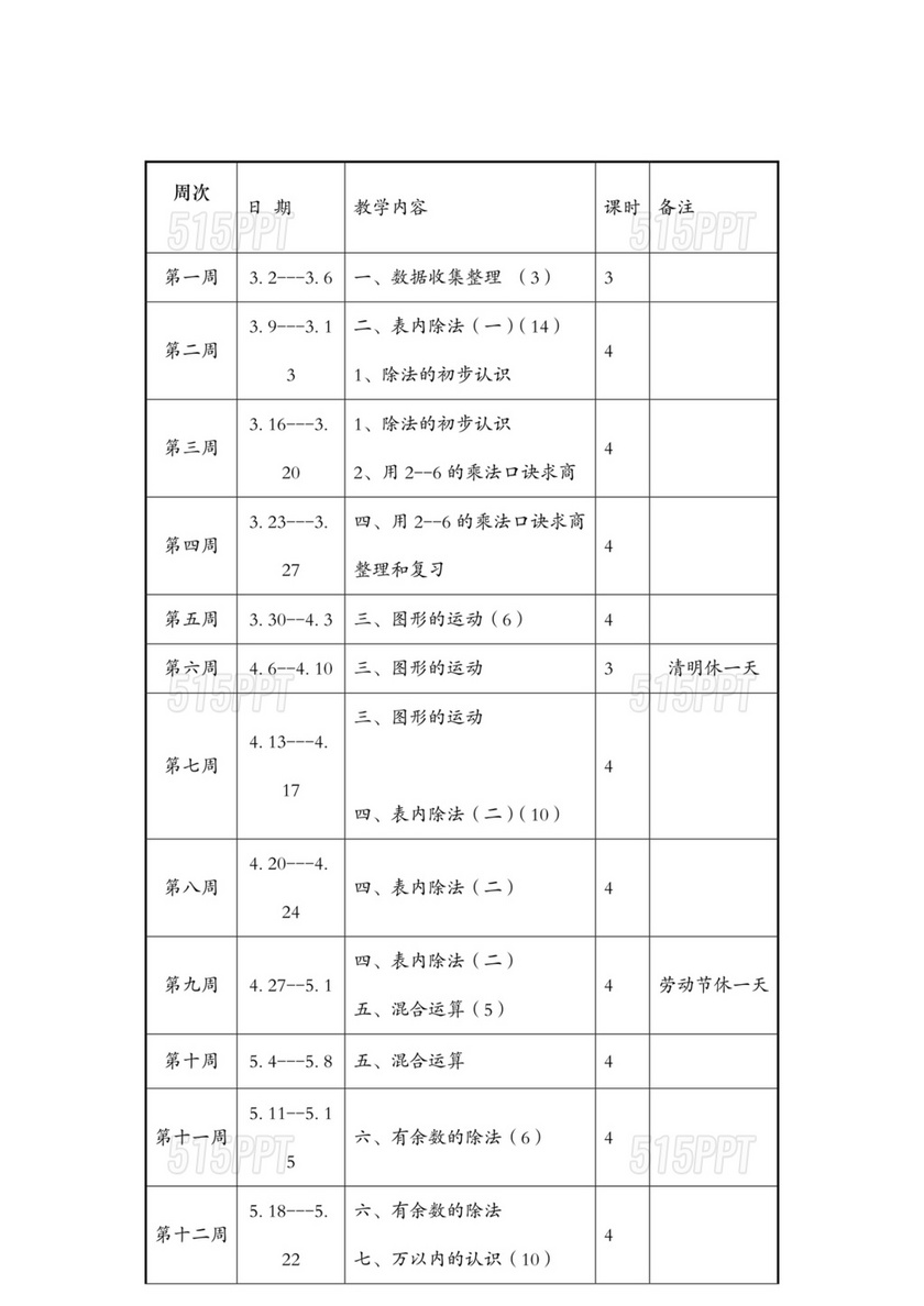 人教版二年级上册数学教学计划及进度表