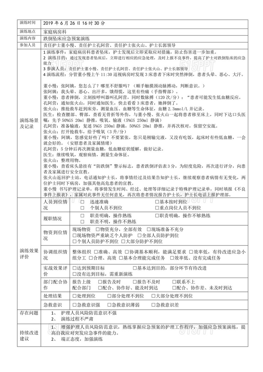 跌倒坠床的应急预案演练脚本