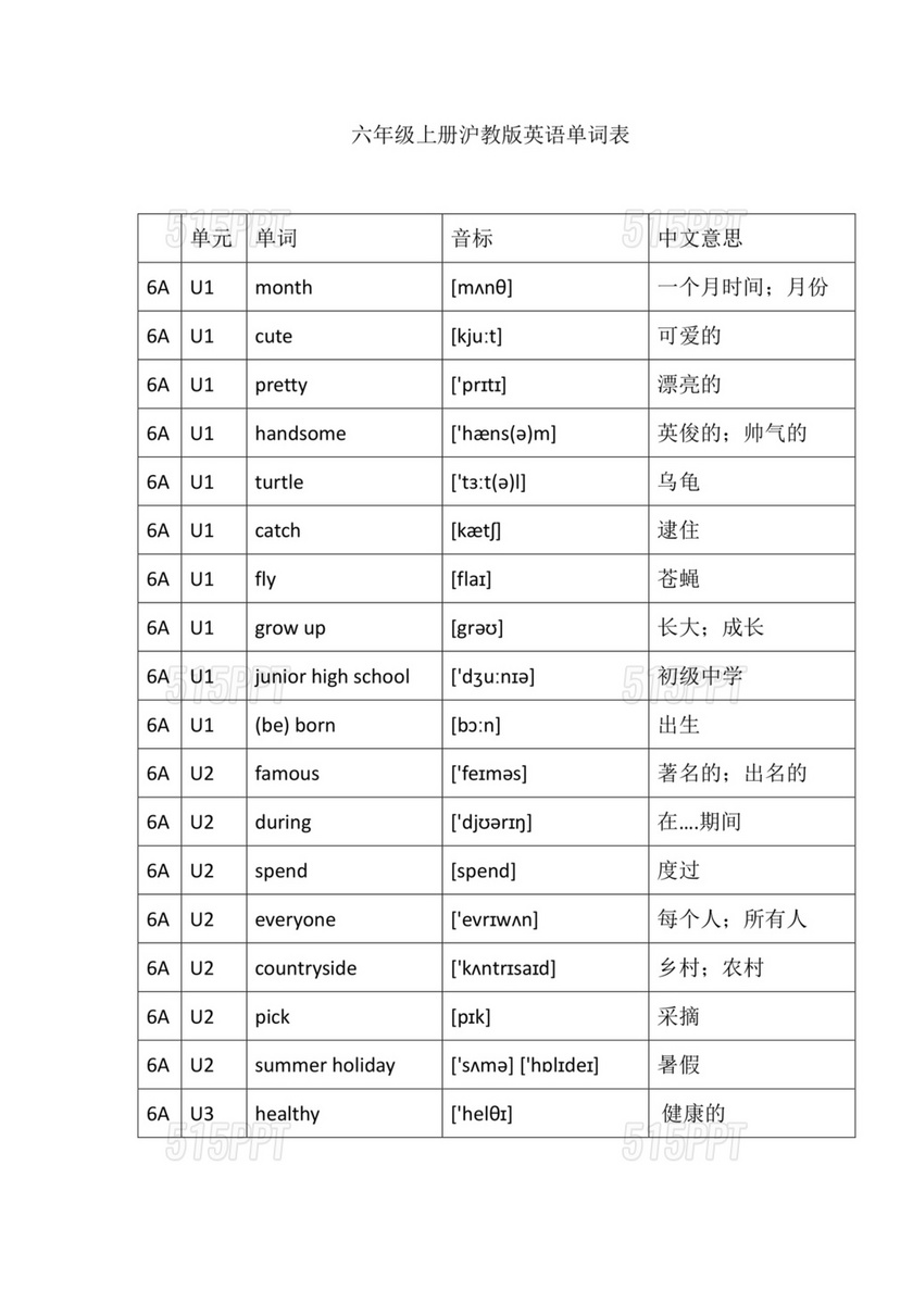 2024年上海六年级上册牛津版英语单词音标汇总表