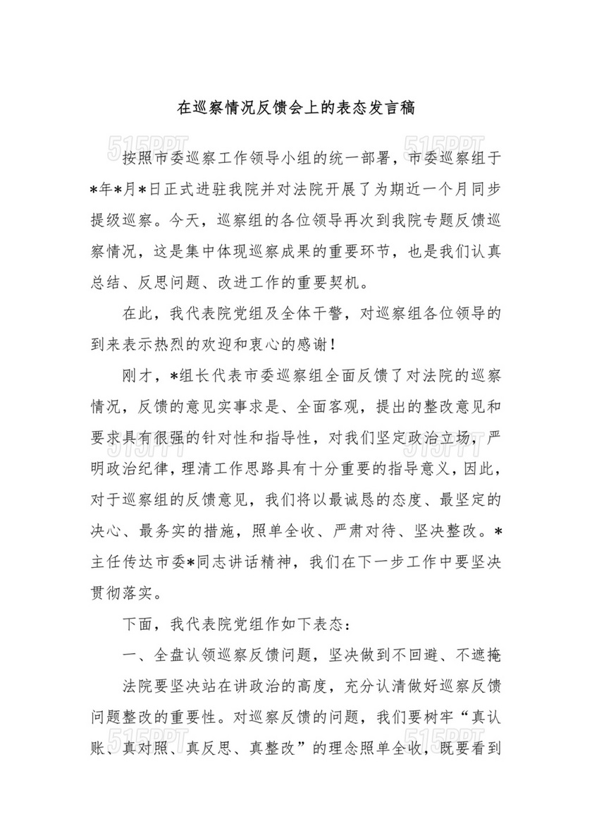 巡察反馈会表态发言稿