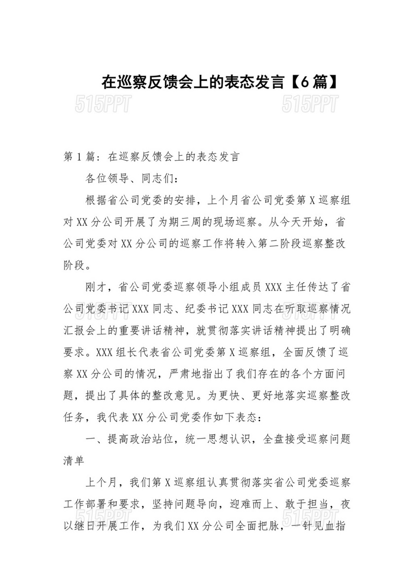 在巡察工作情况反馈会上的表态发言