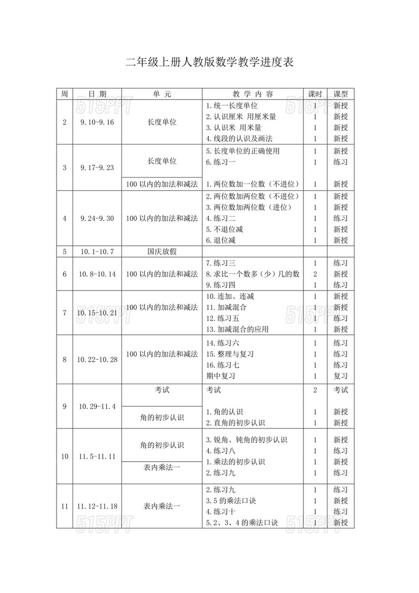 人教版二年级上册数学教学计划及进度表