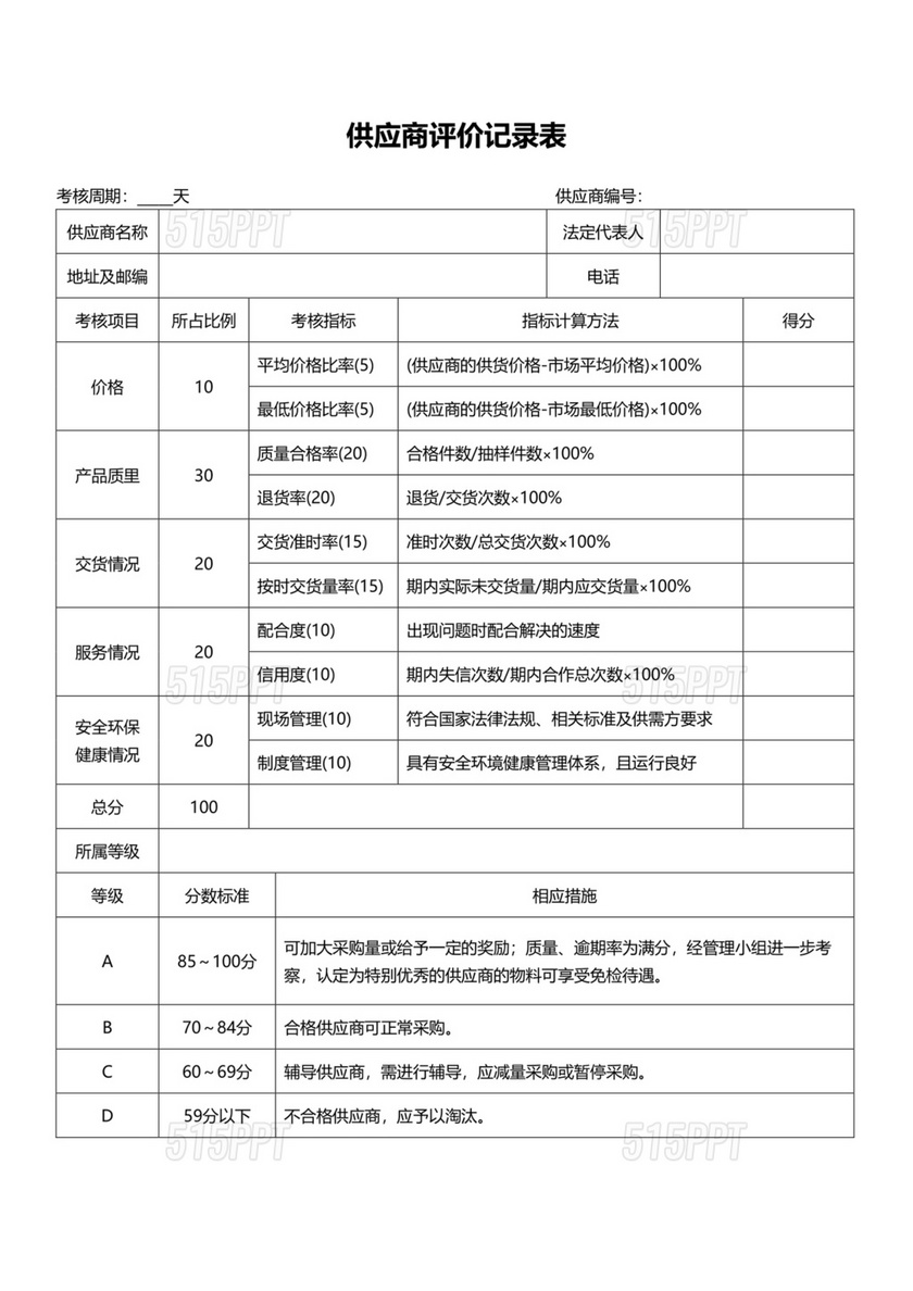 供应商评价表模板